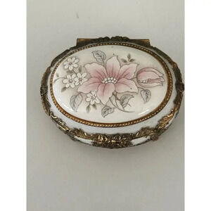 Vintage Metal And Porcelain Floral Print Musical Trinket/jewelry Music Box